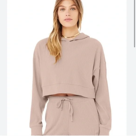 Alo Yoga Muse Ribbed Cropped Longsleeve Hoodie Dusty Pink S - Picture 1 of 6